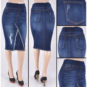 Be Girl Women Stretch Denim Pencil Skirt 26"Calf Length Dark Wash Size Small NEW